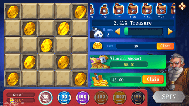 3 Patti Bounty Mines game screen showing 2 mines setup and multipliers